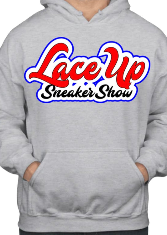 Light Grey Carpet style logo Laceupsneakershow hoodie