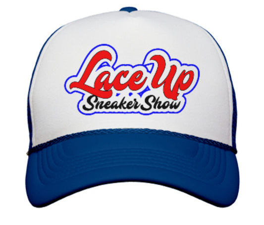Blue embroidered Laceupsneakershow Trucker Hat