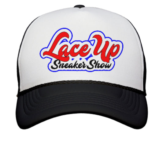 Black embroidered logo Laceupsneakershow Trucker Hat