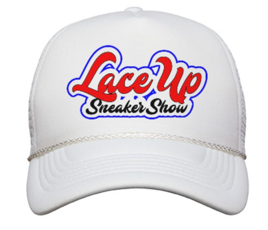 White embroidered Laceupsneakershow Trucker Hat
