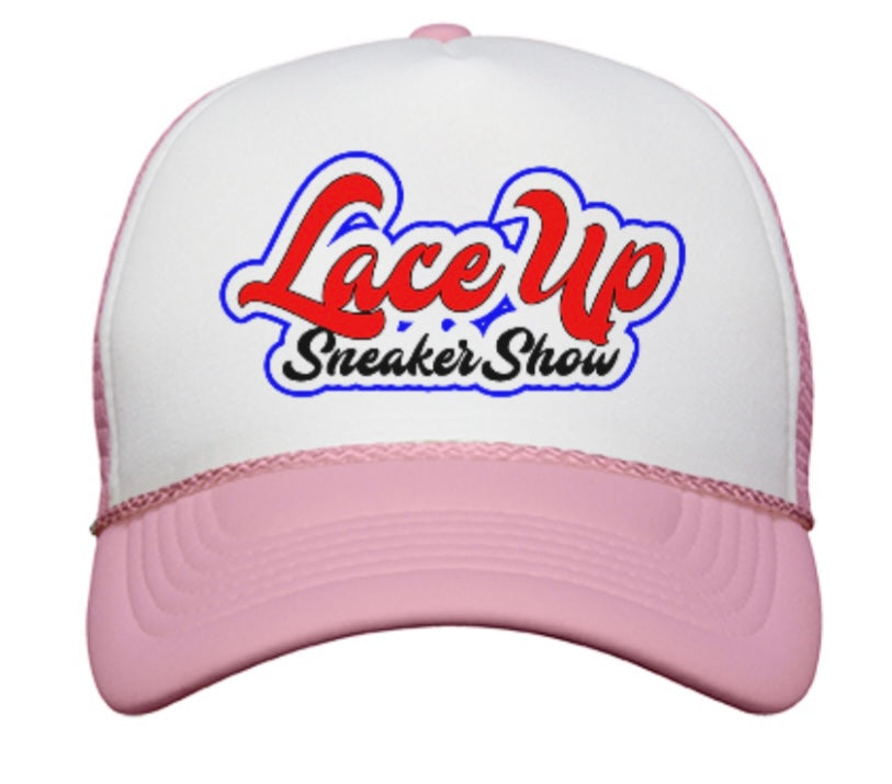 Pink embroidered Laceupsneakershow Trucker Hat