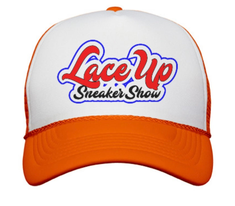 Orange embroidered Laceupsneakershow Trucker Hat