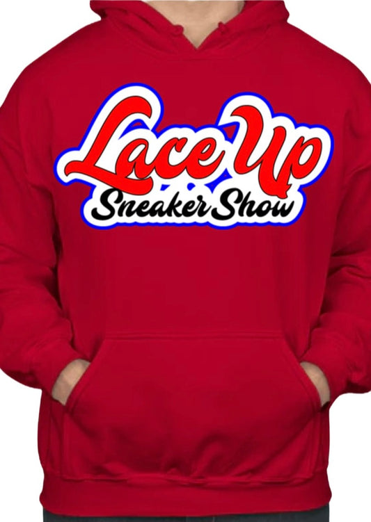 Dark Red Carpet style logo Laceupsneakershow hoodie