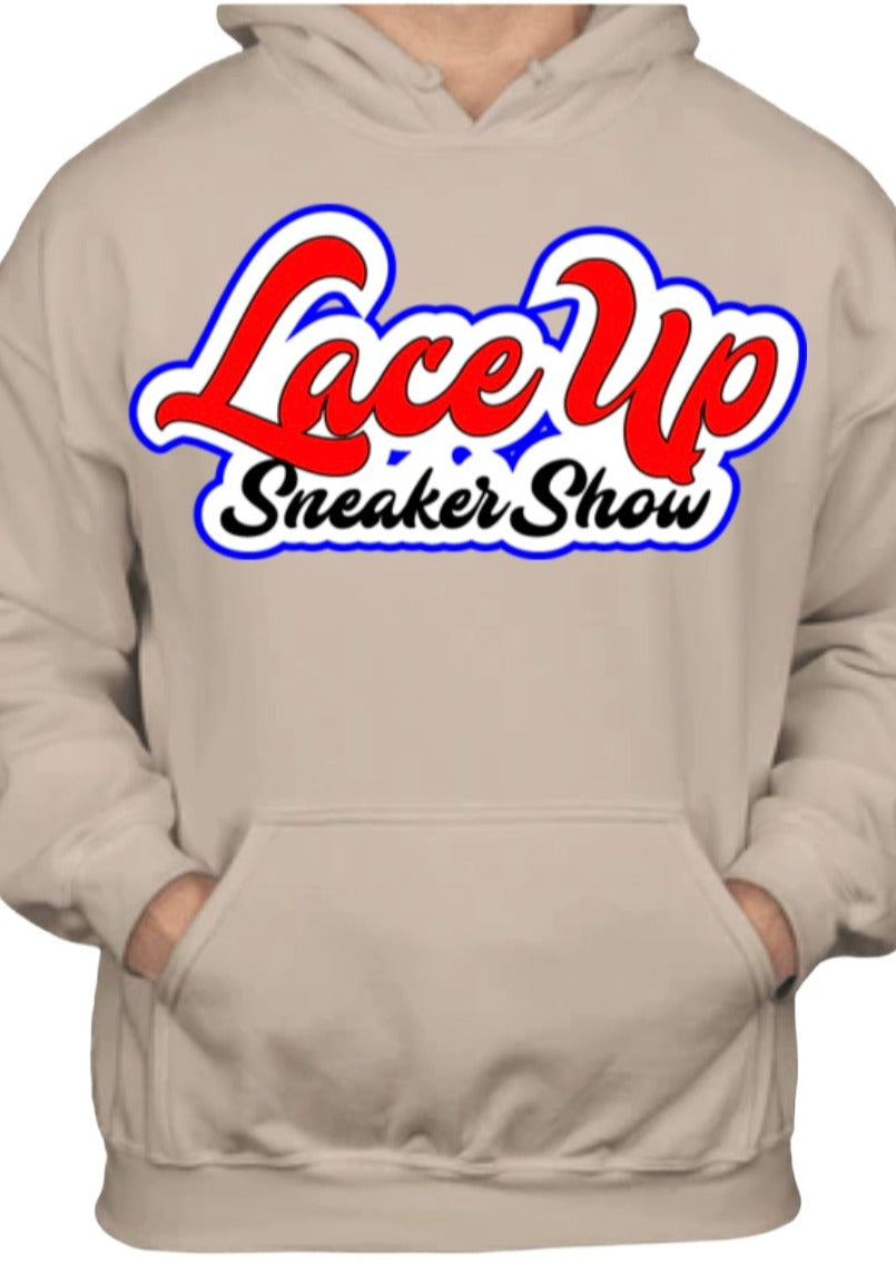 Cream Carpet Style logo Laceupsneakershow hoodie
