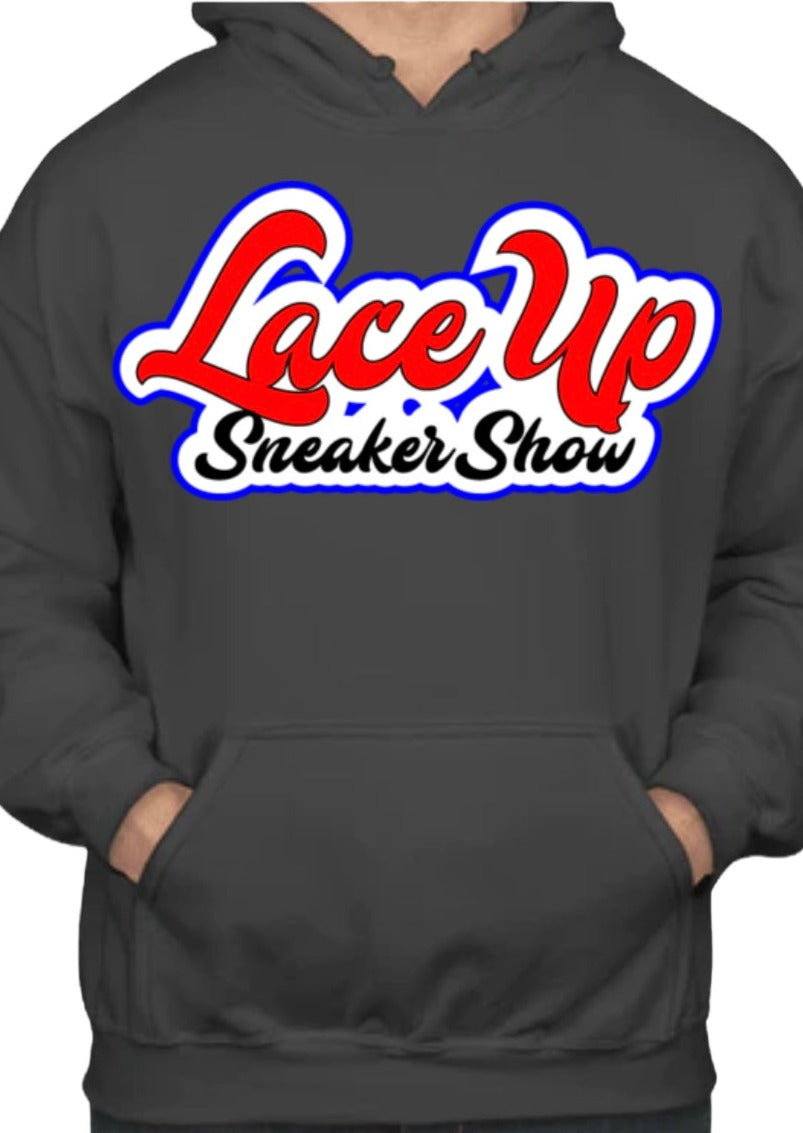 Dark Grey Carpet style logo Laceupsneakershow hoodie