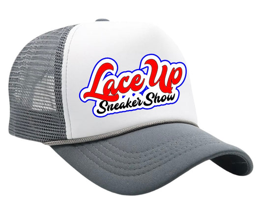 Grey embroidered Laceupsneakershow Trucker Hat
