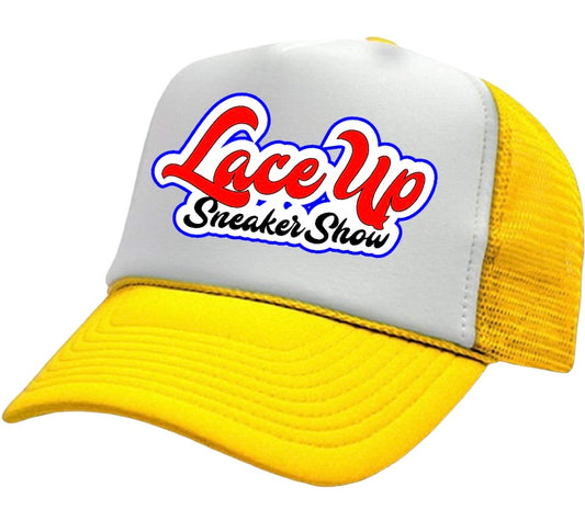 Yellow embroidered Laceupsneakershow Trucker Hat